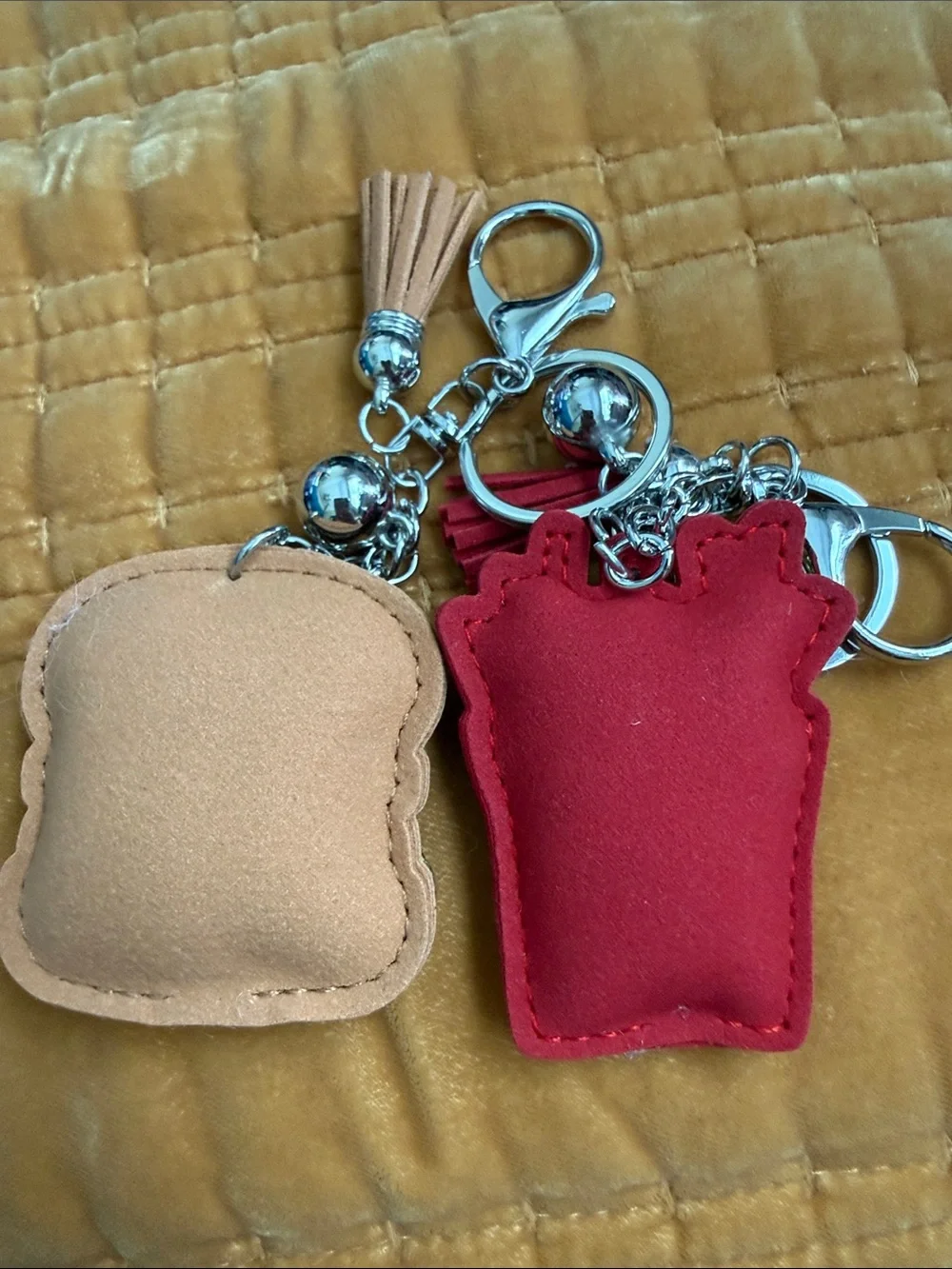 Rhinestone Fries & Burger Keychain Set - Red, Beige, Multicolor